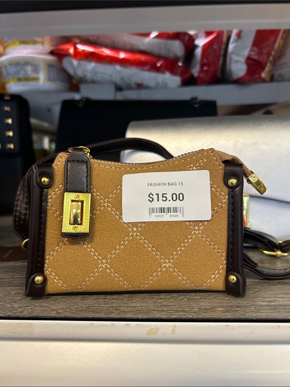 Women’s Tan Quilted Mini Crossbody Bag‎ with Gold Hardware